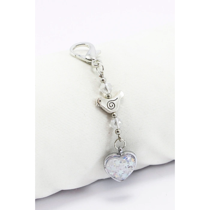 Kristal Boncuklu Metal Kuş Sedefli Kalp Klipsli Cüzdan Süsü Charm Çanta Süsü Anahtarlık