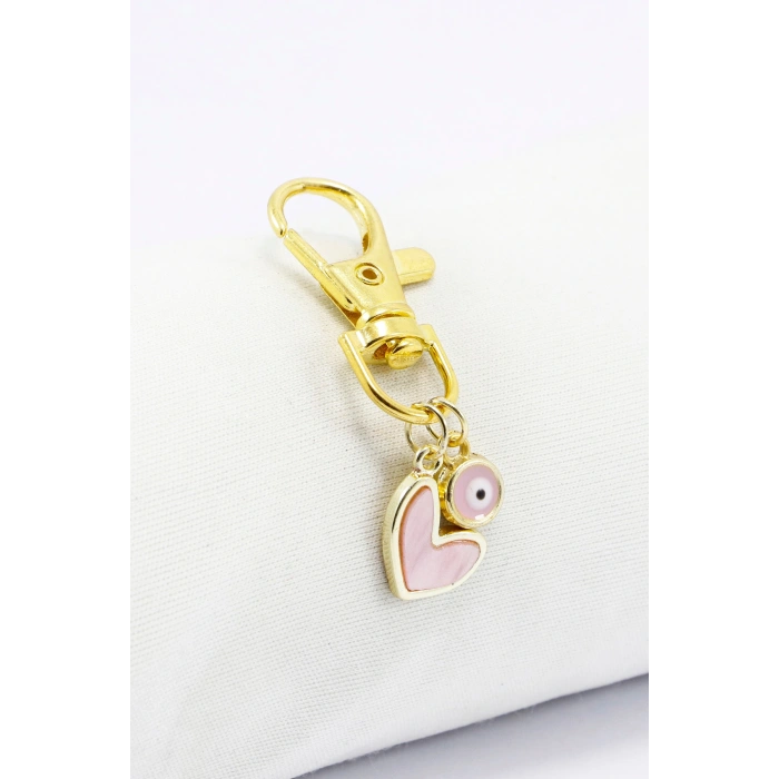 Pembe Kalp Nazar Boncuğu Klipsli Gold Renkli Cüzdan Süsü Charm Çanta Süsü Anahtarlık