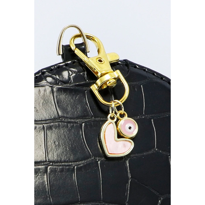 Pembe Kalp Nazar Boncuğu Klipsli Gold Renkli Cüzdan Süsü Charm Çanta Süsü Anahtarlık