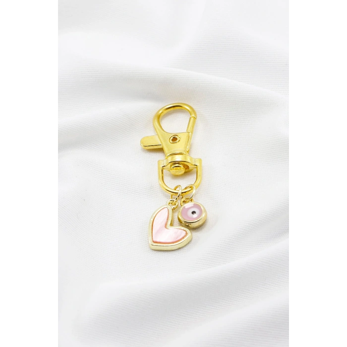 Pembe Kalp Nazar Boncuğu Klipsli Gold Renkli Cüzdan Süsü Charm Çanta Süsü Anahtarlık