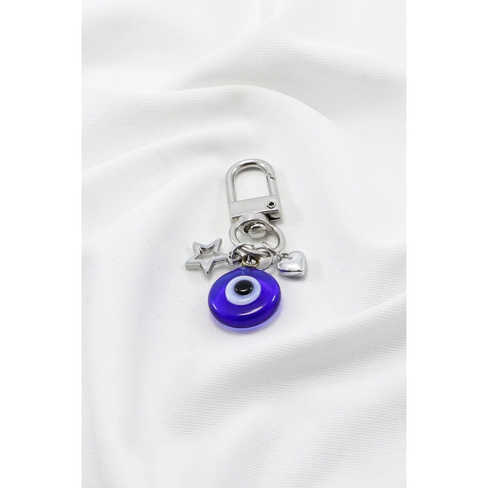 El Yapımı Cam Nazar Boncuğu Metal Kalpli Yıldızlı Klipsli Cüzdan Süsü Charm Çanta Süsü Anahtarlık