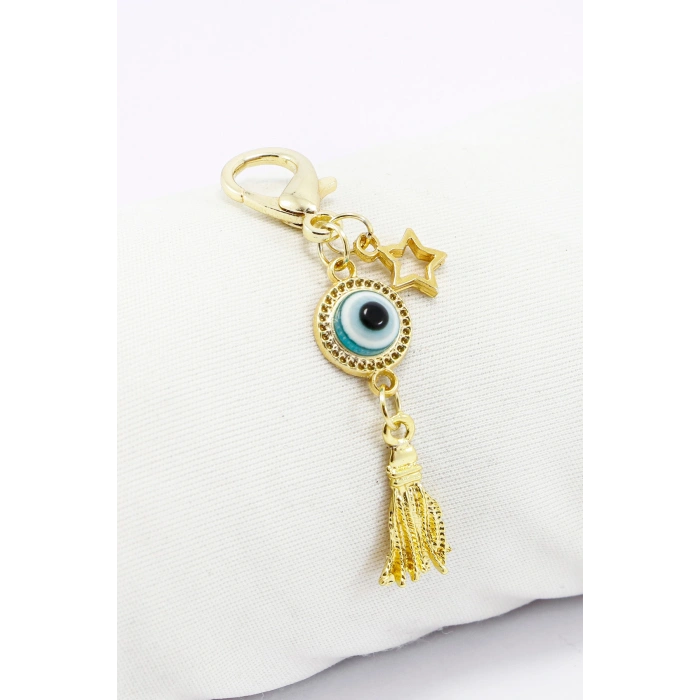Gold Renkli Metal Çerçeveli Nazar Boncuğu Püsküllü Klipsli Cüzdan Süsü Charm Çanta Süsü Anahtarlık