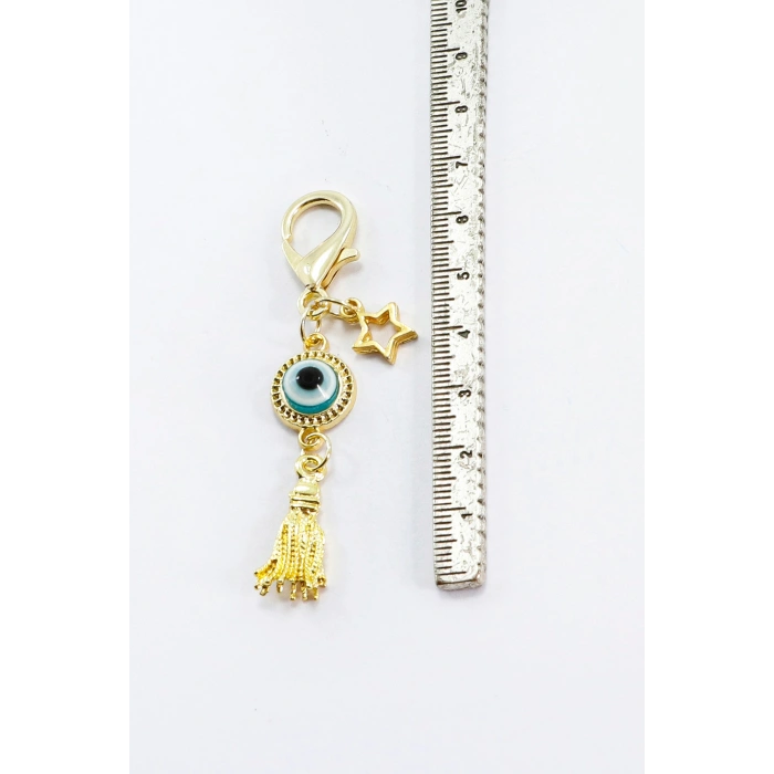 Gold Renkli Metal Çerçeveli Nazar Boncuğu Püsküllü Klipsli Cüzdan Süsü Charm Çanta Süsü Anahtarlık