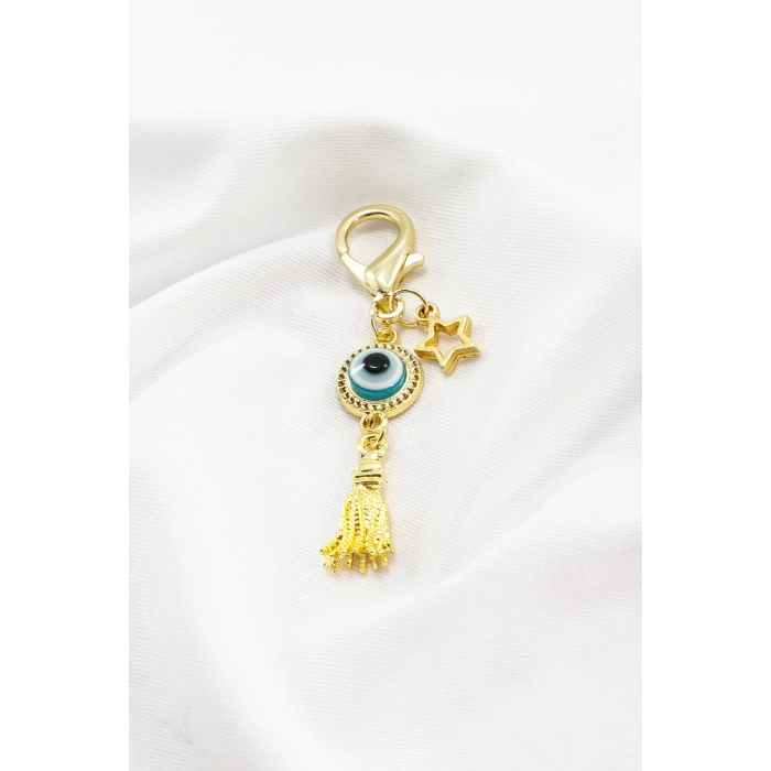 Gold Renkli Metal Çerçeveli Nazar Boncuğu Püsküllü Klipsli Cüzdan Süsü Charm Çanta Süsü Anahtarlık
