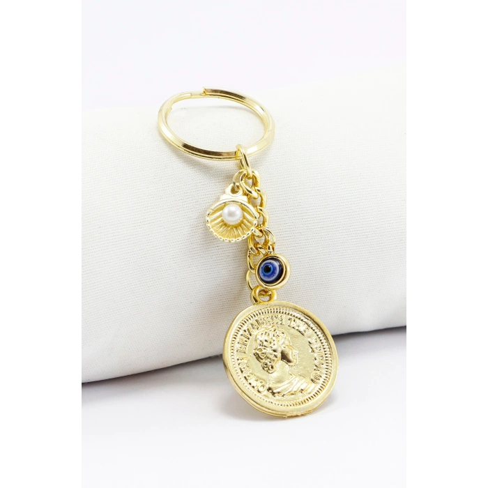 Nazar Boncuklu Gold Renkli Metal Kraliçe Parası Anahtarlık, Kalpli Güneşli Küçük Çanta Süsü
