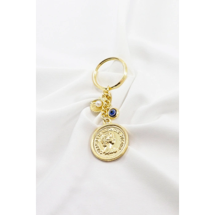 Nazar Boncuklu Gold Renkli Metal Kraliçe Parası Anahtarlık, Kalpli Güneşli Küçük Çanta Süsü