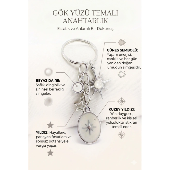 Gümüş Renk Detaylı Metal Kuzey Yıldızı Küçük Anahtarlık, Minik Çanta Süsü