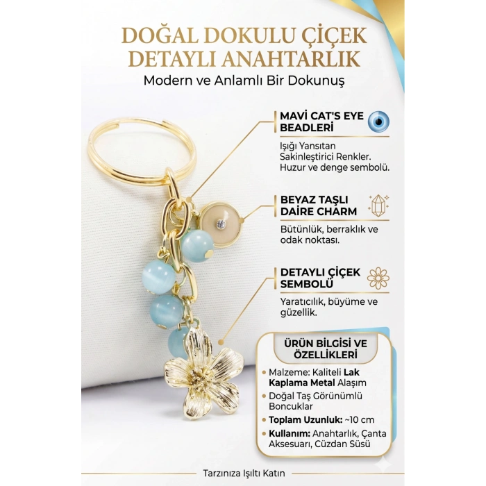 Metal Gözlü Gold Renkli Metal Çiçek Anahtarlık, Pastel Mavi Boncuklu Küçük Çanta Süsü
