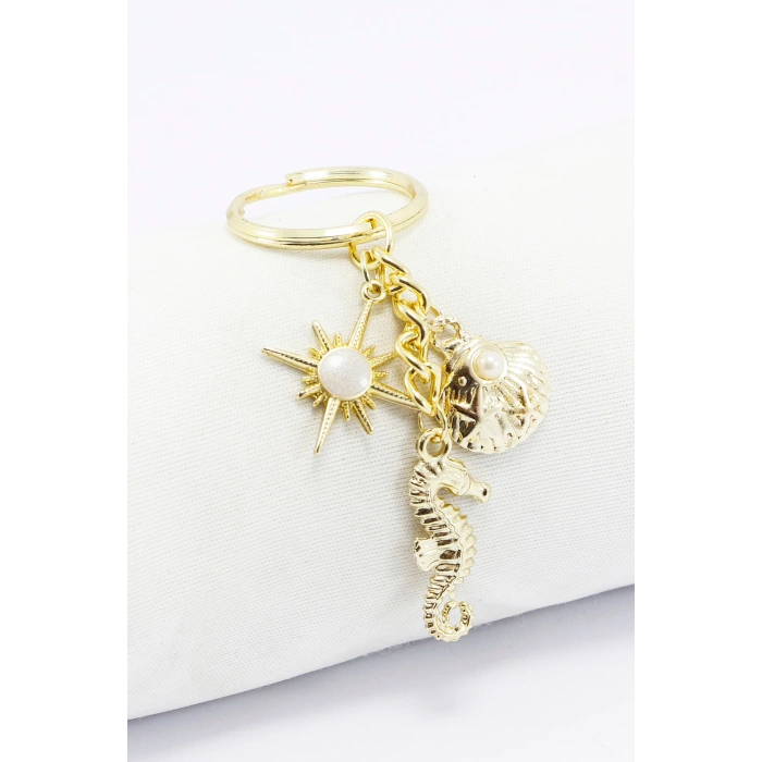 Deniz Esintili Işıltılı Metal Küçük Charm Anahtarlık Deniz Atı Deniz Kabuğu Çanta Süsü