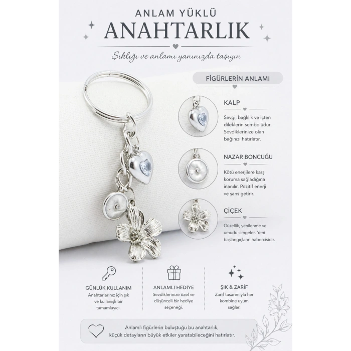 Gümüş Renkli Metal Çiçek Mineli Nazar boncuğu Taşlı Kalpli Anahtarlık, Hediyelik Çanta Süsü