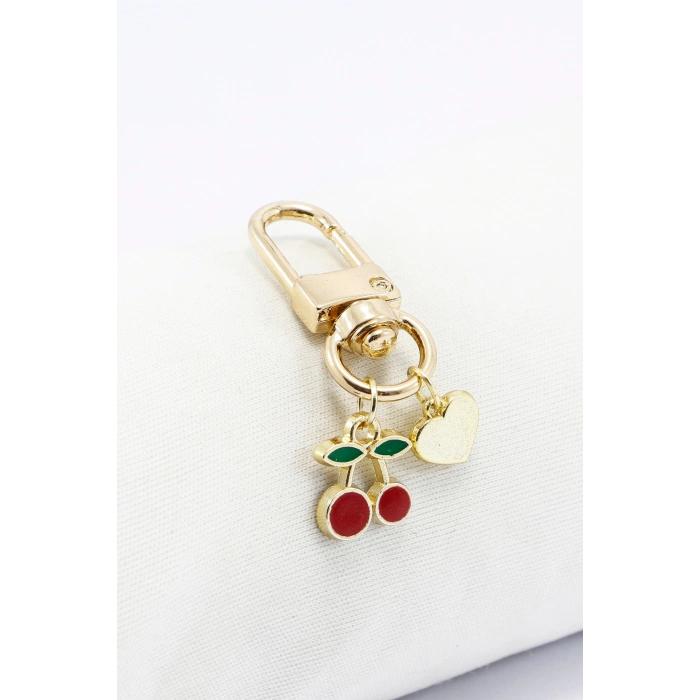 Kirazlı Metal Kalpli Klipsli Cüzdan Süsü Charm Çanta Süsü Anahtarlık