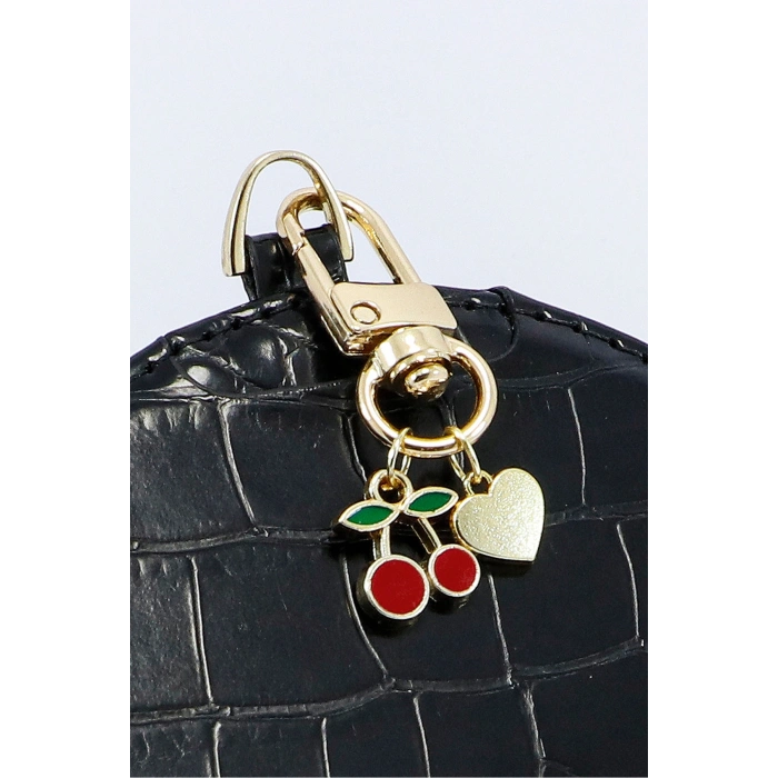 Kirazlı Metal Kalpli Klipsli Cüzdan Süsü Charm Çanta Süsü Anahtarlık