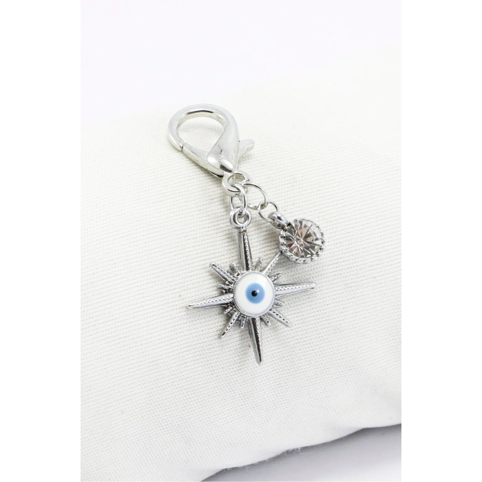 Tek Taşlı Nazar Boncuğu Güneş Metal Kalp, Gümüş Renkli Klipsli Cüzdan Süsü Charm Çanta Süsü