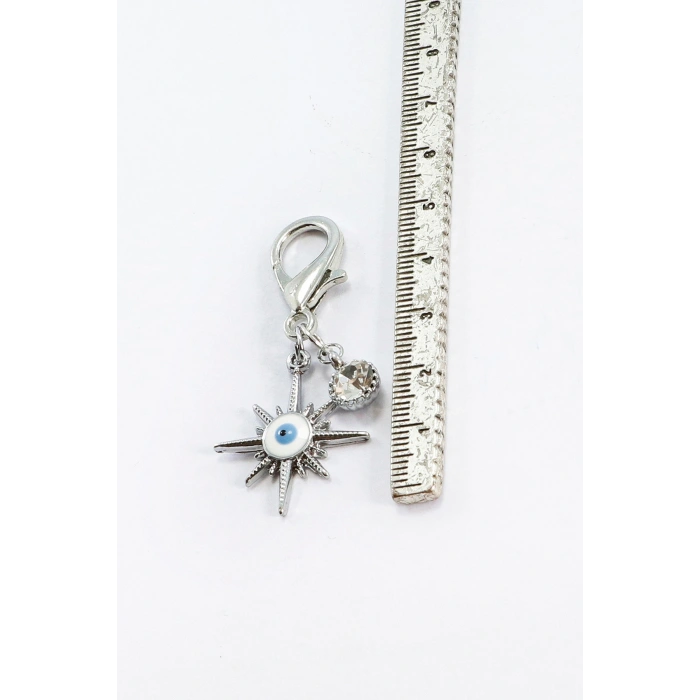 Tek Taşlı Nazar Boncuğu Güneş Metal Kalp, Gümüş Renkli Klipsli Cüzdan Süsü Charm Çanta Süsü