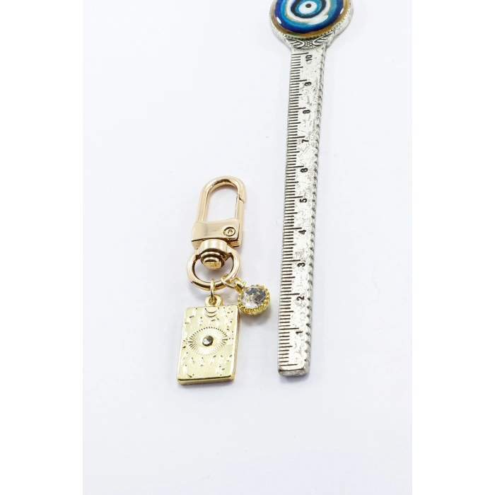 Dikdörtgen Parlak Taşlı Göz Tarot Figürlü Tek Taşlı Gold Renkli Klipsli Cüzdan Süsü Charm Çanta Süsü