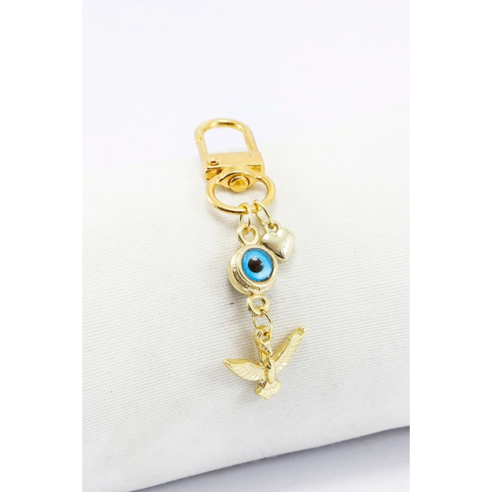 Metal Anka Kuşu Nazar Boncuklu Kalpli Klipsli Cüzdan Süsü Fermuar Charm Çanta Süsü Gold Renkli