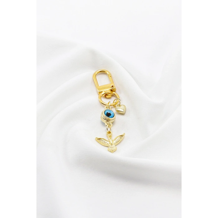 Metal Anka Kuşu Nazar Boncuklu Kalpli Klipsli Cüzdan Süsü Fermuar Charm Çanta Süsü Gold Renkli