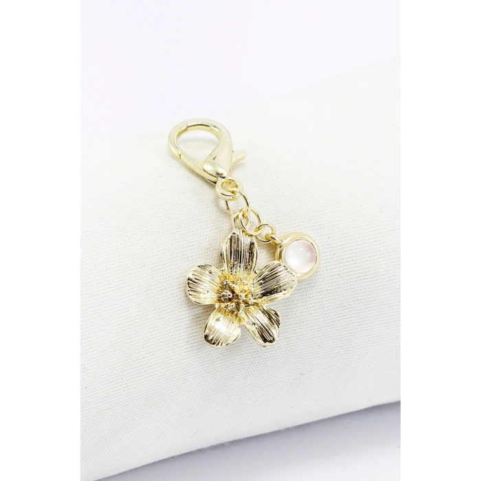 Metal Çiçek Sedefli Boncuk Klipsli Cüzdan Süsü Charm Gold Renkli Çanta Süsü Anahtarlık