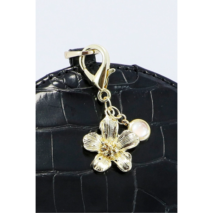 Metal Çiçek Sedefli Boncuk Klipsli Cüzdan Süsü Charm Gold Renkli Çanta Süsü Anahtarlık