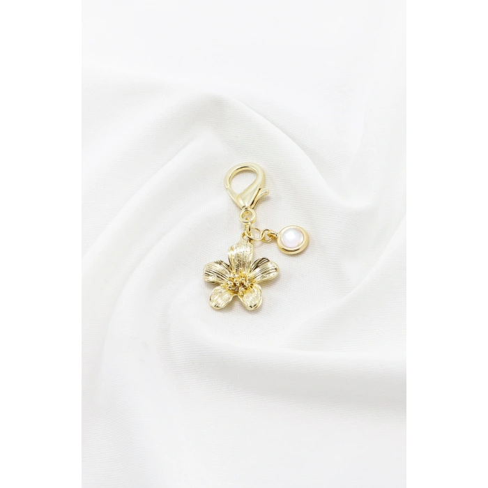 Metal Çiçek Sedefli Boncuk Klipsli Cüzdan Süsü Charm Gold Renkli Çanta Süsü Anahtarlık
