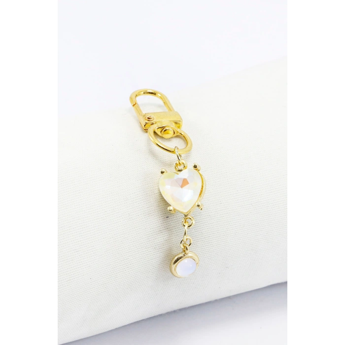 Parlak Taşlı Metal Kalp Görünümlü Boncuklu Klipsli Gold Renkli Cüzdan Süsü Charm Çanta Süsü