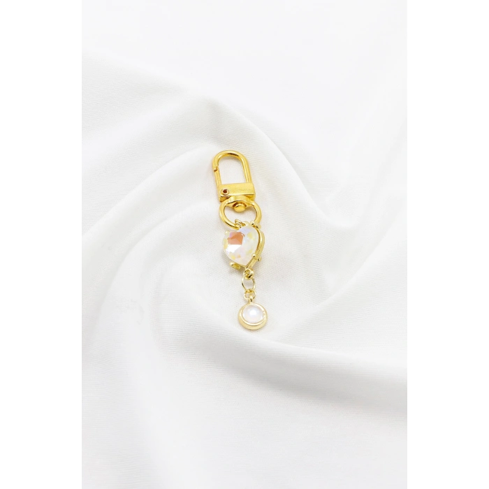 Parlak Taşlı Metal Kalp Görünümlü Boncuklu Klipsli Gold Renkli Cüzdan Süsü Charm Çanta Süsü