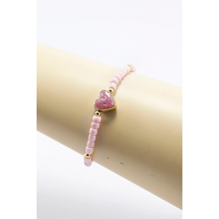 Pembe Boncuklu Mineli Metal Kalpli Gold Renkli Elastik Bileklik, Hediyelik Bileklik