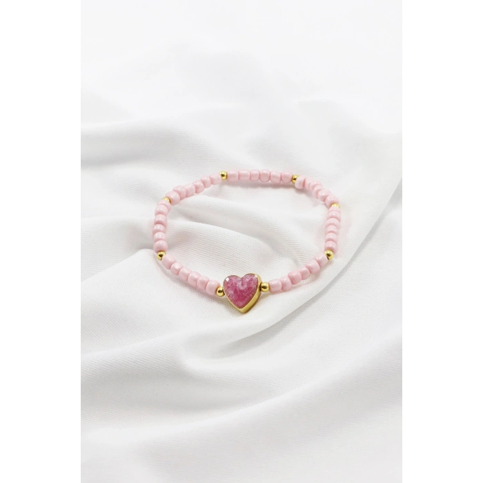 Pembe Boncuklu Mineli Metal Kalpli Gold Renkli Elastik Bileklik, Hediyelik Bileklik
