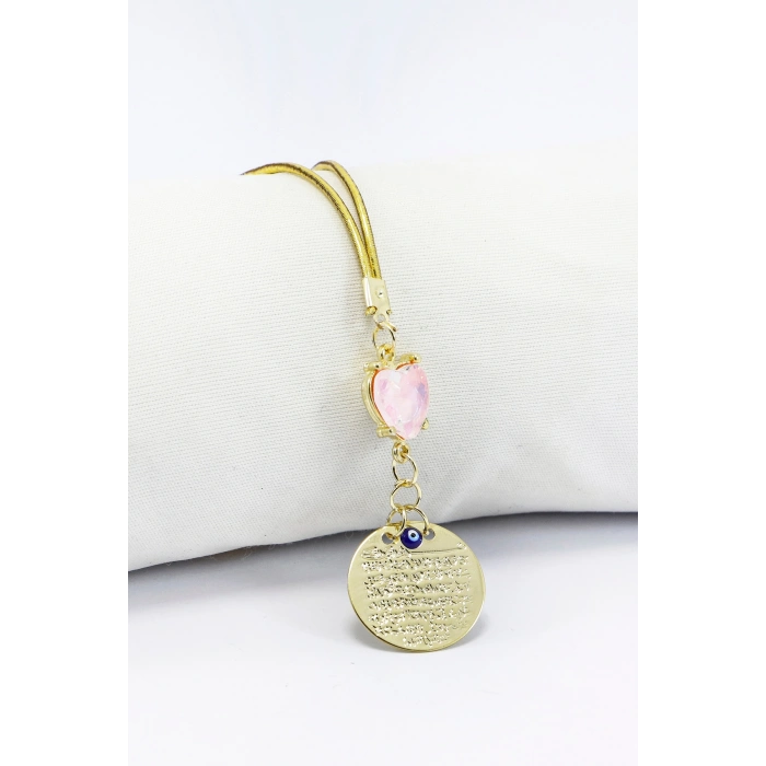 Parlak Taşlı Pembe Kalp Metal Ayetel Kürsi Nazar Boncuğu Araba Dikiz Ayna Süsü Gold Renkli