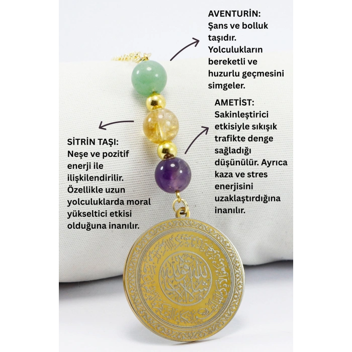 Gold Renkli Çelik Önde Nazar Ayeti Arkada Felak Nas İhlas Araba Dikiz Ayna Süsü, Aventurin, Sitrin, Ametist Doğaltaşlı
