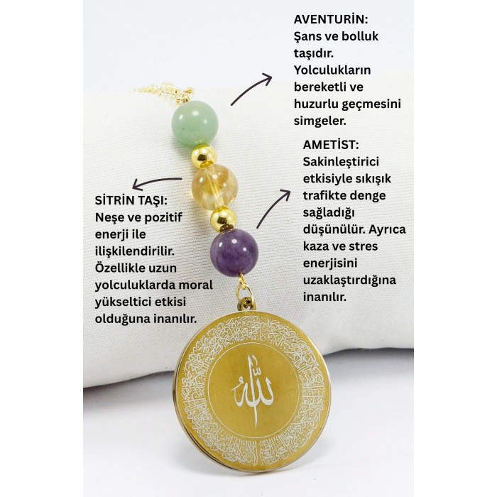 Gold Renkli Çelik Önde Allah Lafzı Ayetel Kürsi Arkada Felak Nas İhlas Araba Dikiz Ayna Süsü, Aventurin, Sitrin, Ametist