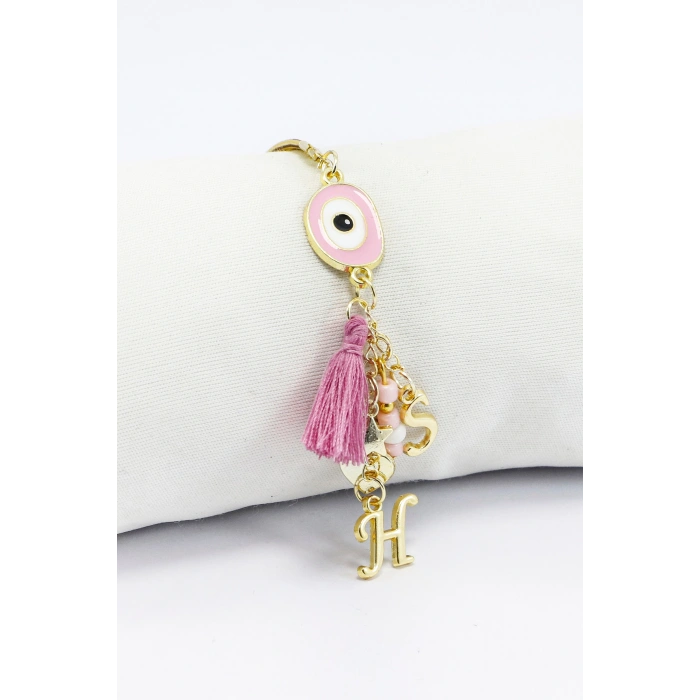 Pembe Nazar Boncuğu Gold Renkli İki Harfli Püsküllü Araba Dikiz Ayna Süsü /Aile Araba Hediyesi
