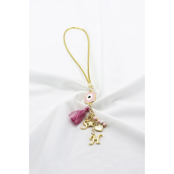 Pembe Nazar Boncuğu Gold Renkli İki Harfli Püsküllü Araba Dikiz Ayna Süsü /Aile Araba Hediyesi