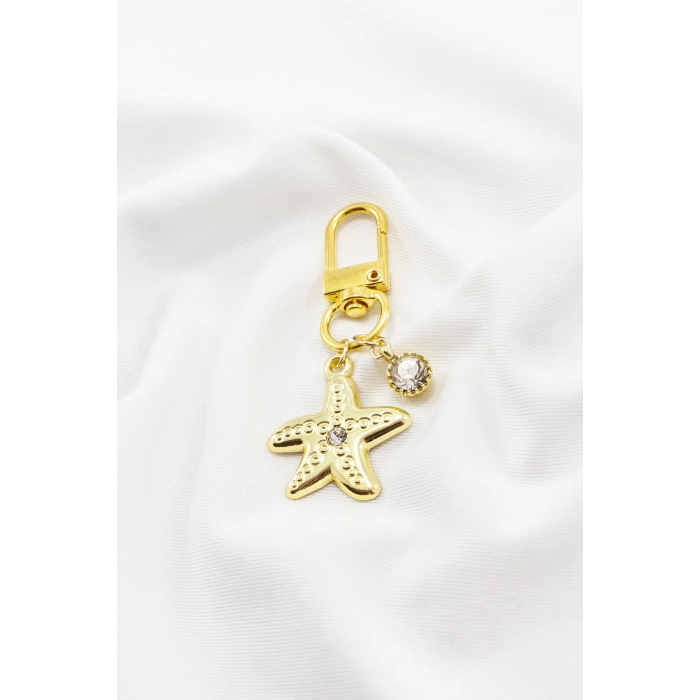 Taşlı Yıldız Tek Taş Gold Renkli Klipsli Cüzdan Süsü Charm Çanta Süsü Anahtarlık