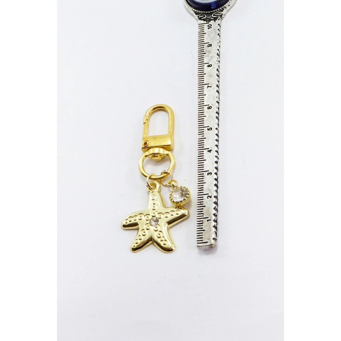 Taşlı Yıldız Tek Taş Gold Renkli Klipsli Cüzdan Süsü Charm Çanta Süsü Anahtarlık