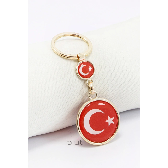 Türk Bayrağı Kırmızı Anahtarlık, Çift Bayraklı Rose Gold Renkli