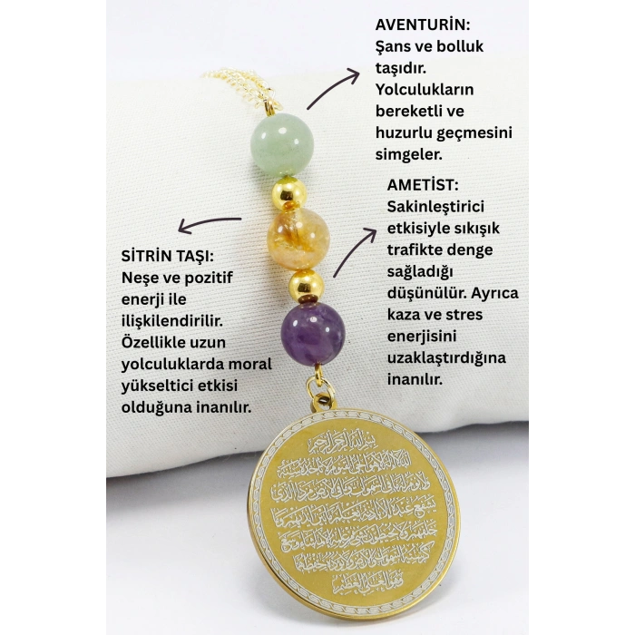 Gold Renkli Çelik Ayetel Kürsi Nazar Ayeti Araba Dikiz Ayna Süsü, Doğal Taşlar: Ametist, Sitrin, Aventurin