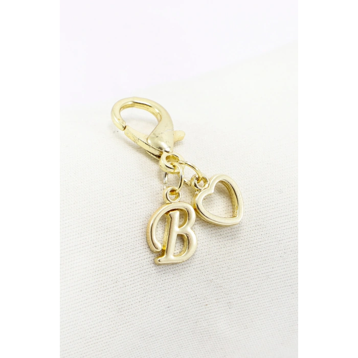 Metal B Harfi Ajurlu Kalp Klipsli Cüzdan Süsü Charm Gold Renkli Çanta Süsü Kişiselleştirilebilir