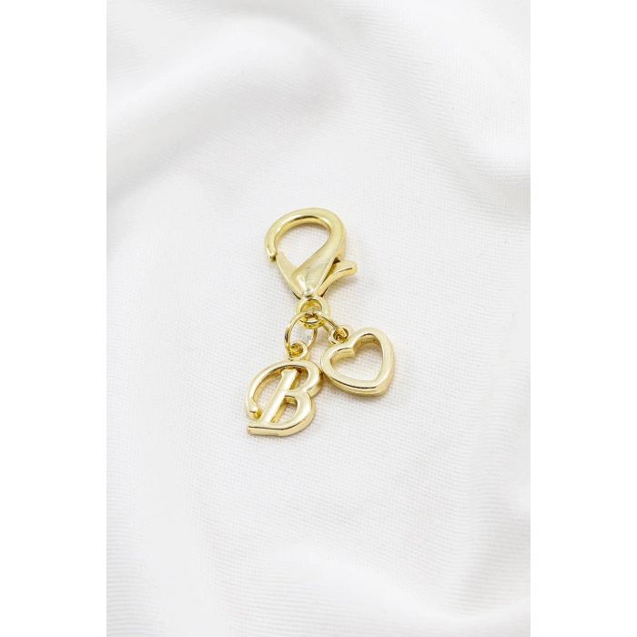 Metal B Harfi Ajurlu Kalp Klipsli Cüzdan Süsü Charm Gold Renkli Çanta Süsü Kişiselleştirilebilir