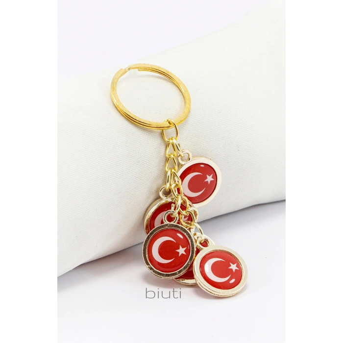 Türk Bayrağı Kırmızı Anahtarlık, Beş Bayraklı Rose Gold Renkli