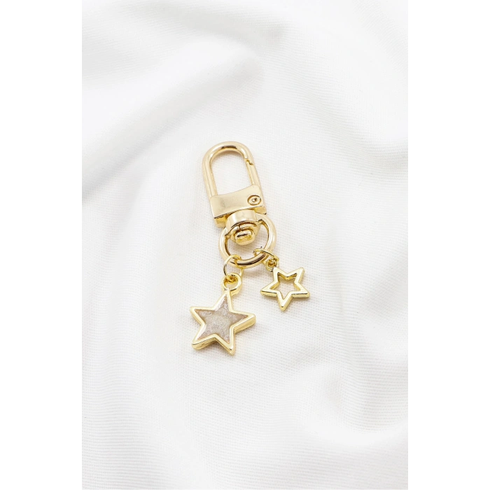 Mineli Yıldız Ajurlu Yılsız Metal Gold Renkli Klipsli Cüzdan Süsü Charm Çanta Süsü Anahtarlık