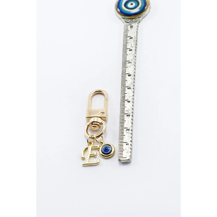 Metal E Harfi Nazar Boncuklu Klipsli Cüzdan Süsü Charm Gold Renkli Çanta Süsü