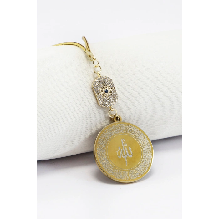Zirkon Kuzey Yıldızı Gold Renkli 316L Çelik Ayetel Kürsi Felak Nas İhlas Araba Ayna Süsü