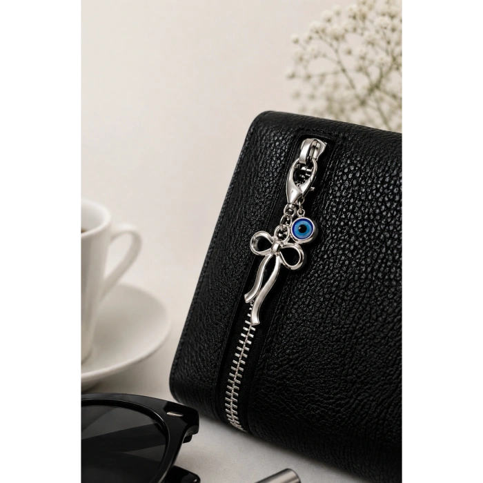 Metal Fiyonk Metal Nazar Boncuğu Klipsli Küçük Charm Anahtarlık Cüzdan Çanta Süsü