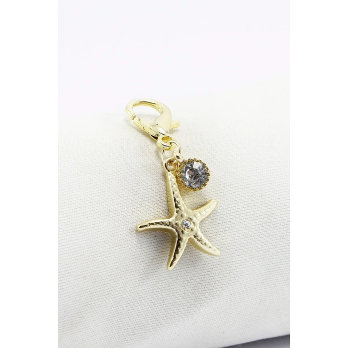 Gold Renkli Metal Parlak Taşlı Deniz Yıldızı Tek Taş Gold Renkli Klipsli Cüzdan Süsü Charm Çanta Süsü Anahtarlık