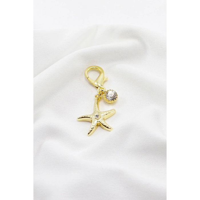 Gold Renkli Metal Parlak Taşlı Deniz Yıldızı Tek Taş Gold Renkli Klipsli Cüzdan Süsü Charm Çanta Süsü Anahtarlık