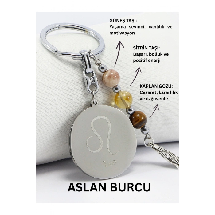 Aslan Burcu Doğal Taşlı Çelik Burç Anahtarlık, Kaplan Gözü, Sitrin ve Güneş Taşı