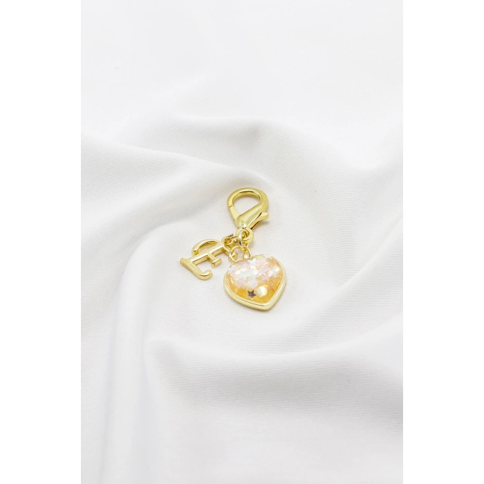 Metal E Harfi Yıldızlı Kalpli Klipsli Cüzdan Süsü Charm Gold Renkli Çanta Süsü Kişiselleştirilebilir