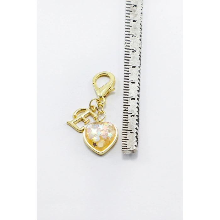 Metal E Harfi Yıldızlı Kalpli Klipsli Cüzdan Süsü Charm Gold Renkli Çanta Süsü Kişiselleştirilebilir