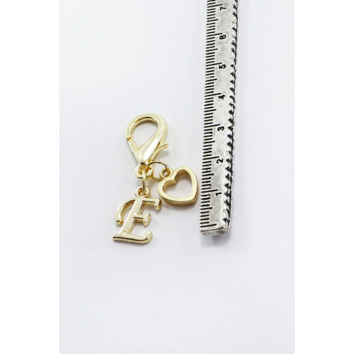 Metal E Harfi Ajurlu Kalp Klipsli Cüzdan Süsü Charm Gold Renkli Çanta, Fermuar Süsü